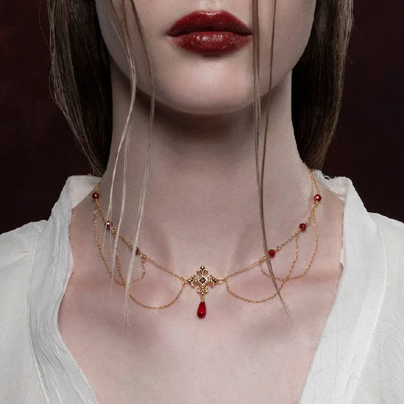 Handcrafted Beauty At Affordable Prices MUTINY. Fleur de Lis Multi-Drop Garnet Collar - Gold