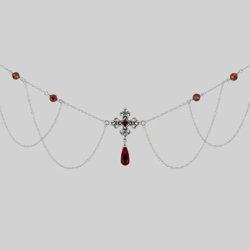 Best Jewelry Sale – Shop Exclusive Designs Now MUTINY. Fleur de Lis Multi-Drop Garnet Collar - Silver