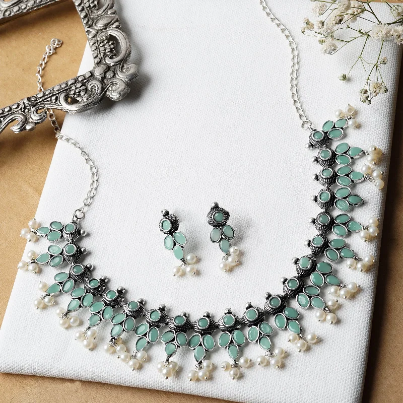 The Perfect Jewelry Piece At The Perfect Price Nishan Silver Oxidised Turquoise Stone and Pearl Necklace Set