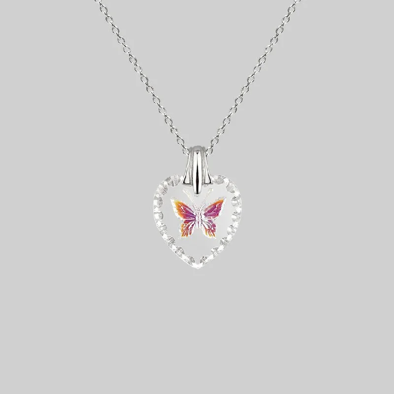 Get The Best Deals On Timeless Jewelry Pieces NEW DAWN. Butterfly Engraved Glass Heart Necklace - Silver