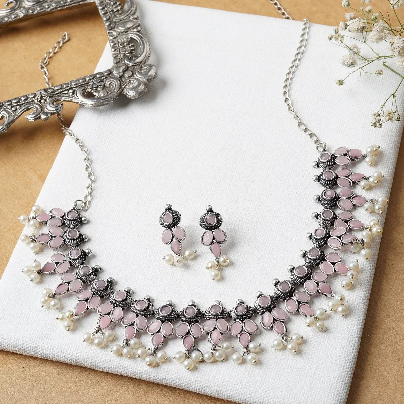 Premium Jewelry Now Available At Special Discounts Nishan Silver Oxidised Pink Stone and Pearl Necklace Set