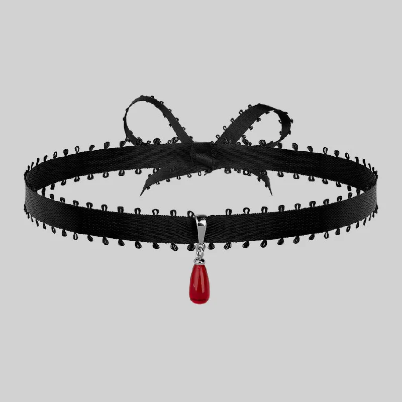 Stunning Statement Jewelry, Unbeatable Discounts SORROW. Red Glass Droplet Ribbon Choker - Silver