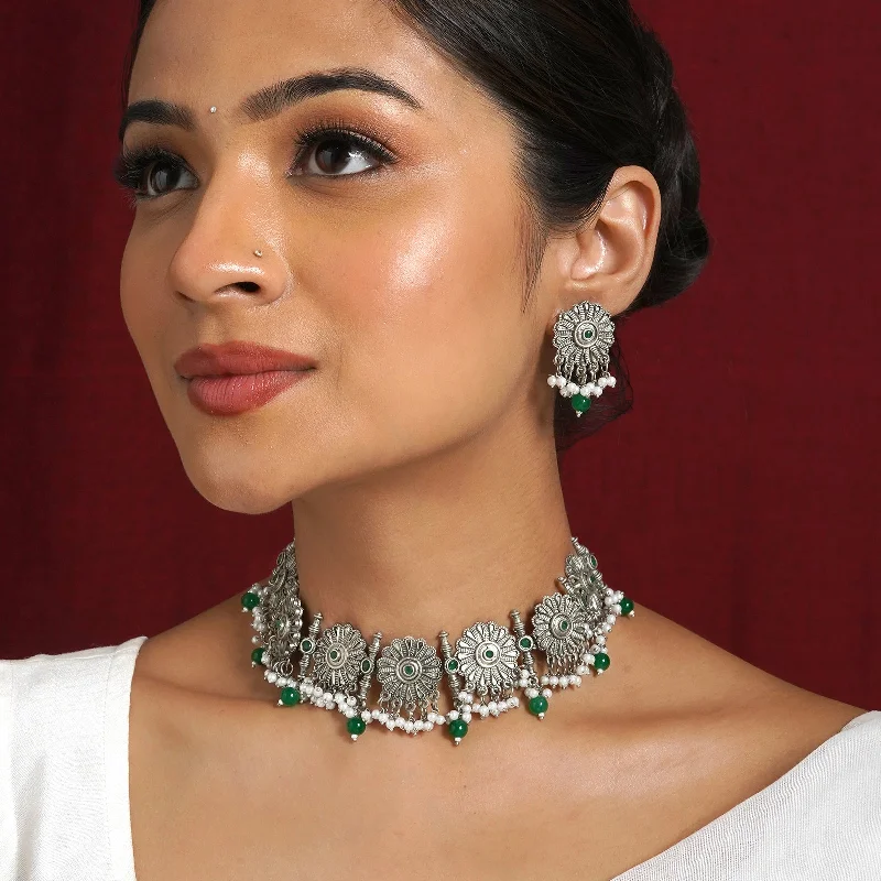 Elegant Jewelry, Exclusive Prices – Shop Now Teejh Mandi Silver Oxidised Green Necklace Set