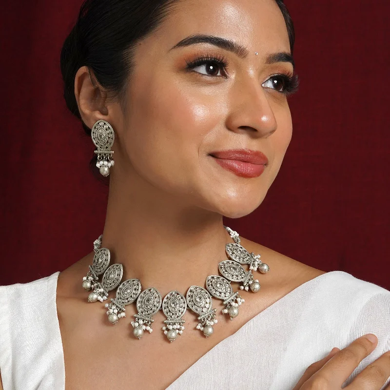 Jewelry Flash Sale – Stylish Designs At Unbeatable Rates Teejh Prabhavati Silver Oxidised White Necklace Set