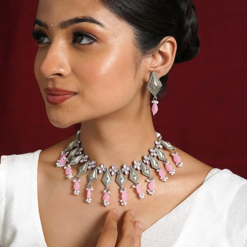 Save On Luxury Jewelry Pieces – Limited-Time Offers Teejh Roopmati Silver Oxidised Pink Necklace Set