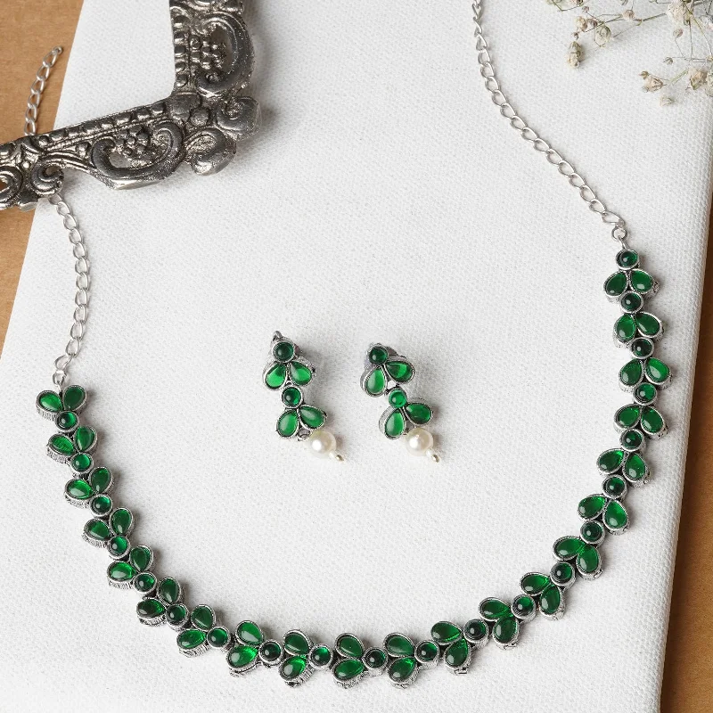 Buy More, Save More On Stunning Jewelry Pieces Teejh Silver and Green Petal Fusion Necklace set