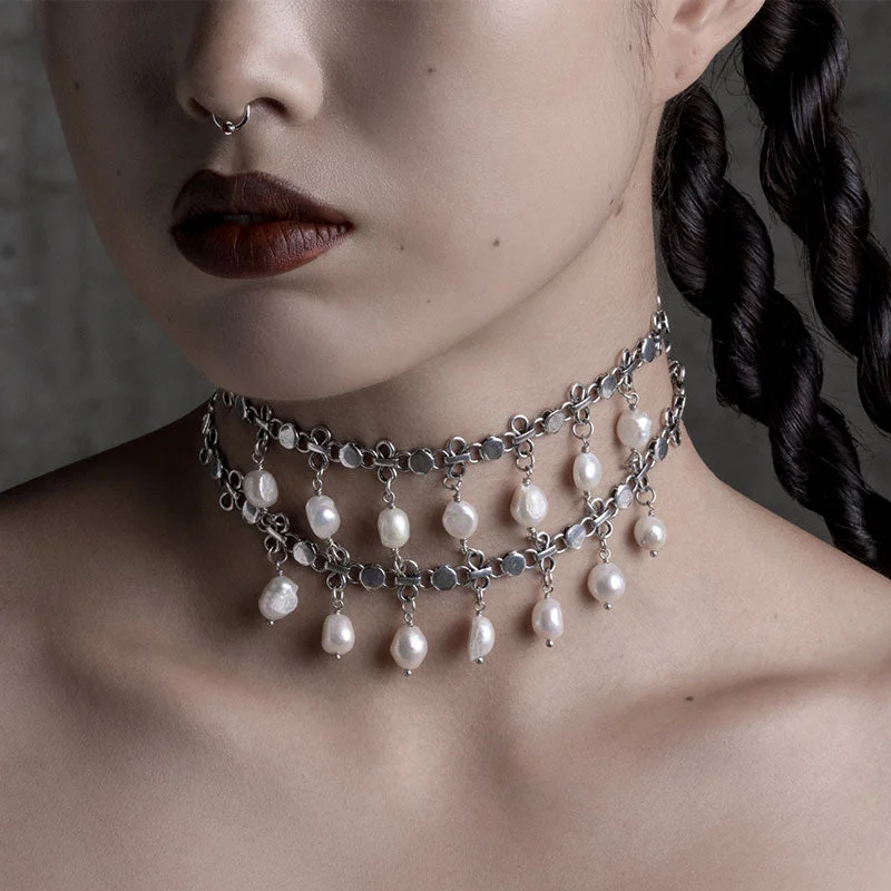 Premium Diamond Jewelry For Unforgettable Moments VALOUR. Double Chain Pearl Drop Choker - Silver