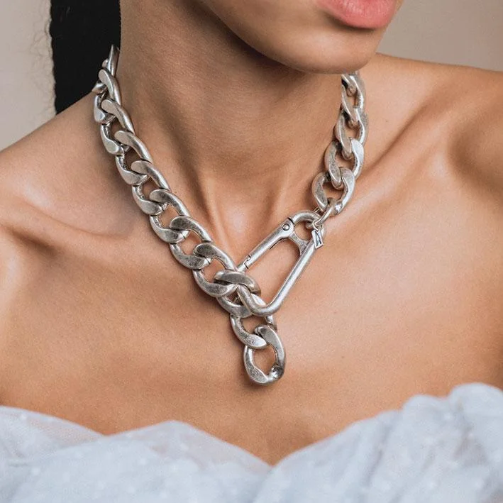 Huge Savings On Timeless Jewelry Collections XX. Chunky Curb Chain & Carabiner Clasp Necklace - Silver