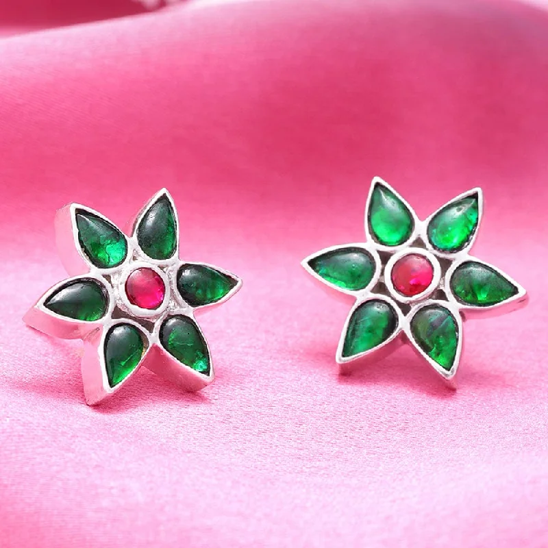 Limited-Time Jewelry Sale – Don't Miss These Deals 92.5 Silver Green Kundan Flower Stud Earrings