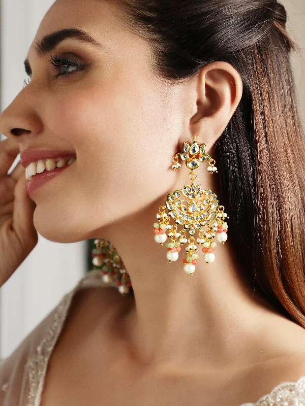 Dazzle With Discounts – Shop Jewelry On Sale Rubans 22K Gold plated Kundan crystal with baroque pearls and pastel beaded statement Regal Chandbali Earrings