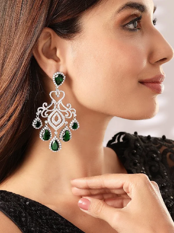 The Perfect Jewelry Piece At The Perfect Price Rubans Premium Rhodium plated AAA Cubic Zirconia Emerald Green studded Statement chandelier Earring