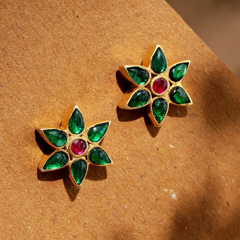 Limited-Stock Jewelry Sale – Once It's Gone, It's Gone 92.5 Silver Green Kundan Flower Stud Earrings