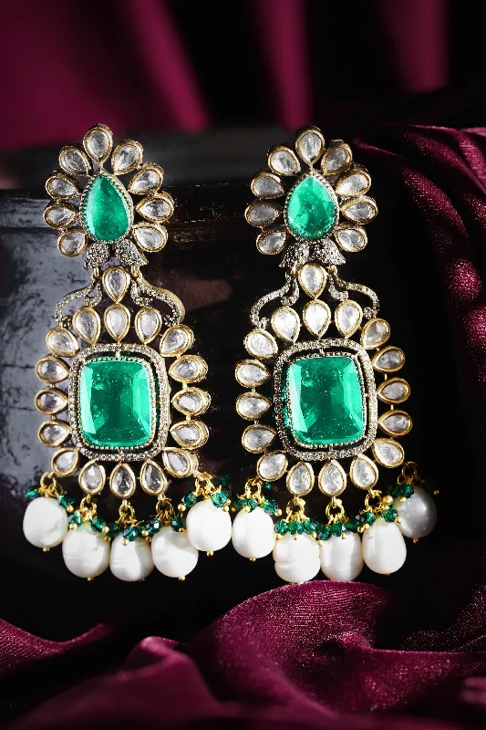 Exclusive Jewelry Discounts – Shop Now For Savings Rubans Exquisite Gold-Plated Kundan and Emerald Dangle Earrings