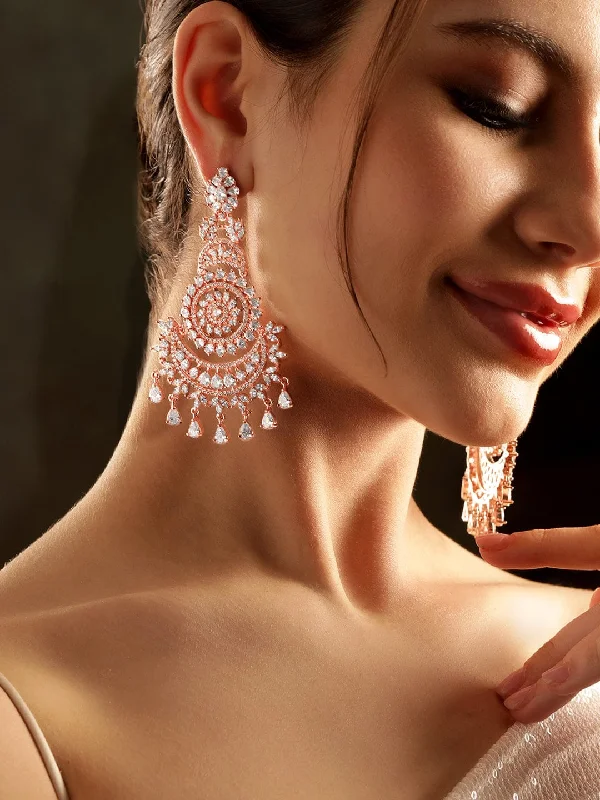 Shop Elegant Jewelry At Unbeatable Prices Rubans 18K Rosegold plated Crystal zirconia studded Statement Dangle Earrings