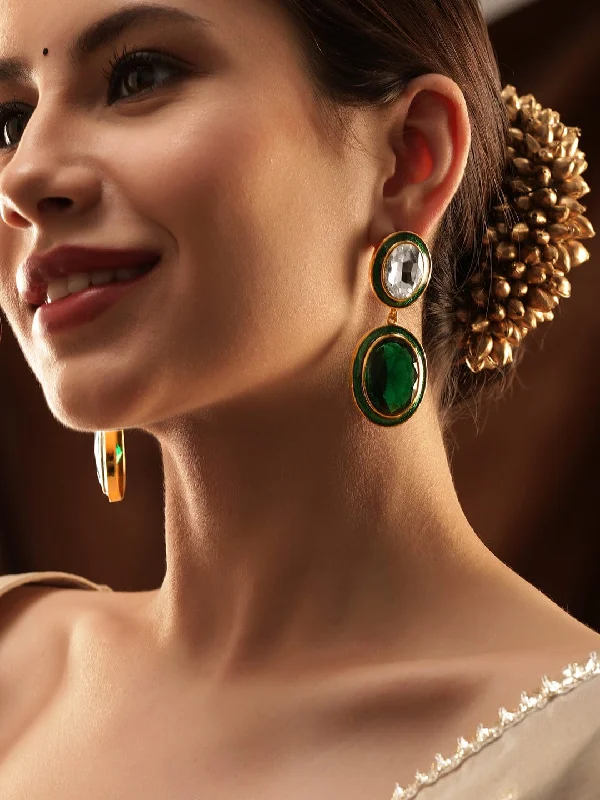 Discounted Jewelry For A Glamorous Look Rubans 22K Antique Gold Plated Emerald Crystal Studded Green Enamel Dangle Earring