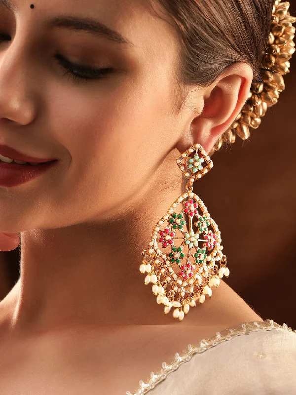 Elegant Jewelry Pieces At Unbelievable Prices Rubans 22K Antique Gold Plated Multi Colour Pearl Studded Statement Chandbali Earrings