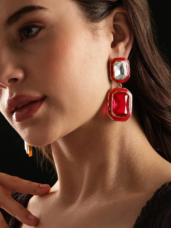 Trending Jewelry Styles Now At Limited-Time Discounts Rubans 22K Antique Gold Plated Ruby Crystal Studded Red Enamel Dangle Earring