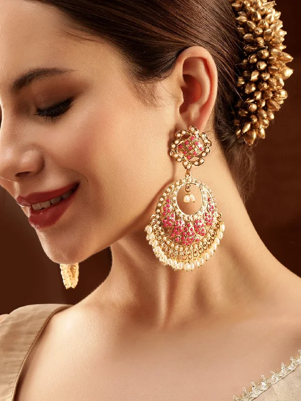 Exclusive Gemstone Jewelry At Special Prices Rubans 22K Antique Gold Plated Ruby Zirconia & Pearl Studded Statement Chandbali Earring