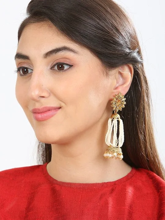 Affordable Gold-Plated Jewelry For Modern Fashion Rubans Gold-Toned & White Contemporary Jhumkas