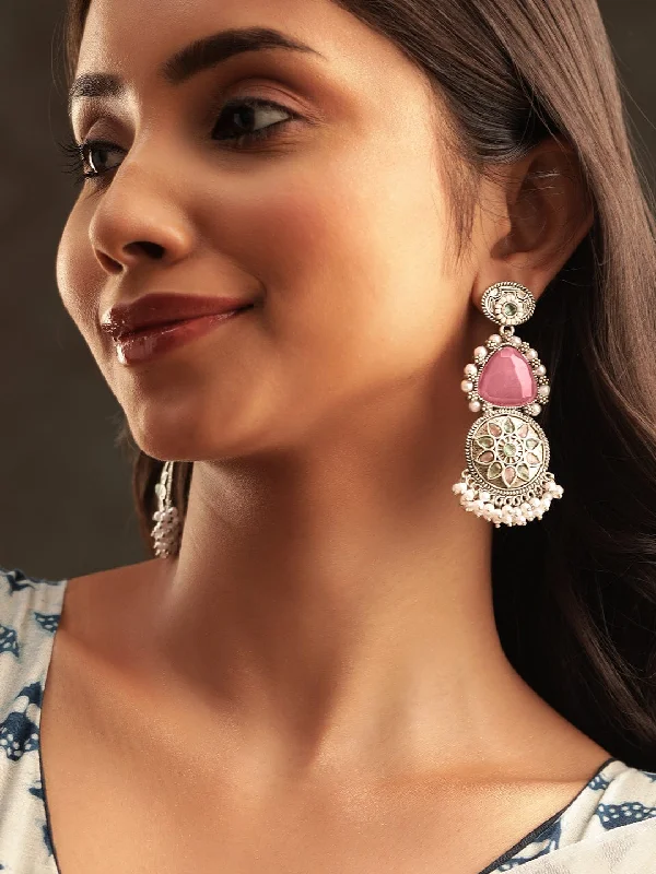 Affordable Elegance – Special Jewelry Sale Now Live Rubans Intricate Engravings Oxidized Silver Plated Gemstone & Pearl Dangle Earrings