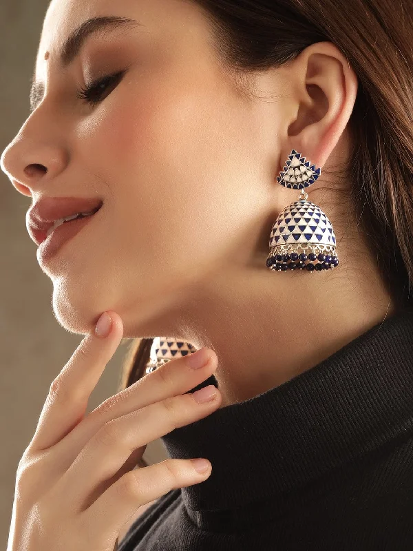 Chic, Trendy, And Affordable Jewelry Sale Rubans Rhodium plated blue & white enamel Jhumka Earring