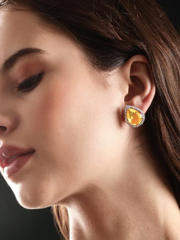 Shine Without Limits – Jewelry Sale Happening Now Rubans Rhodium plated Yellow Sapphire Zirconia studded teardrop Zirconia stud earring