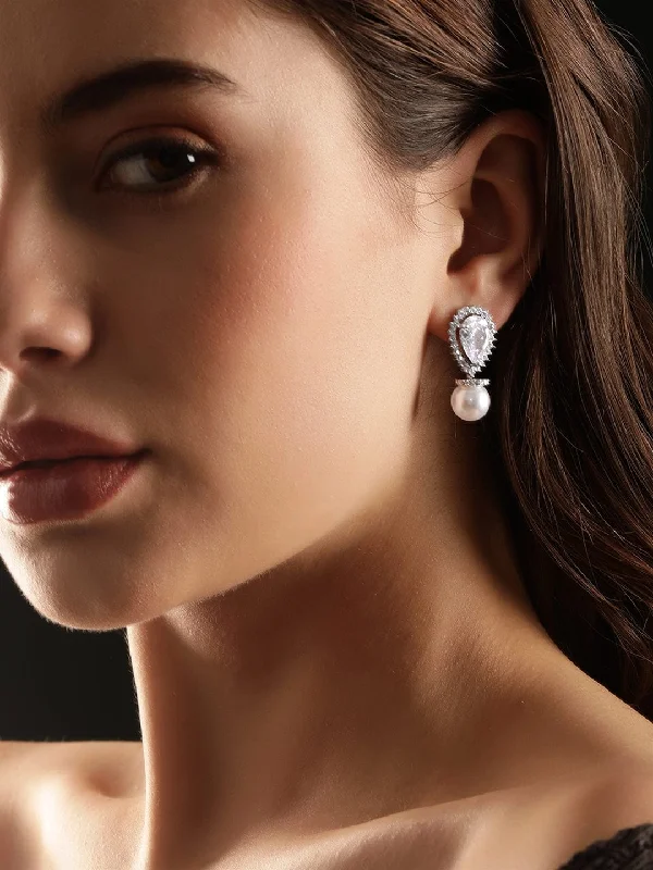 Flash Sale On Stunning Jewelry – Limited Stock Available Rubans Rhodium plated zirconia studded pearl drop Chic Earring