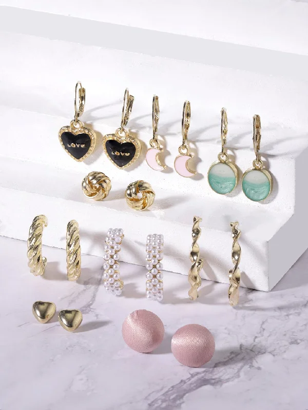 Unique Jewelry For Less – Shop The Sale Now Rubans Set of 9, Gold Tone Enamel Detailed Pearl beaded Earrings