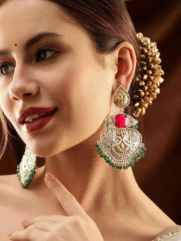 Affordable Glamour – Premium Jewelry At Special Prices Rubans Silver Oxidized & Gold Plated Ruby Studded Green Beaded Chandbali Earrings