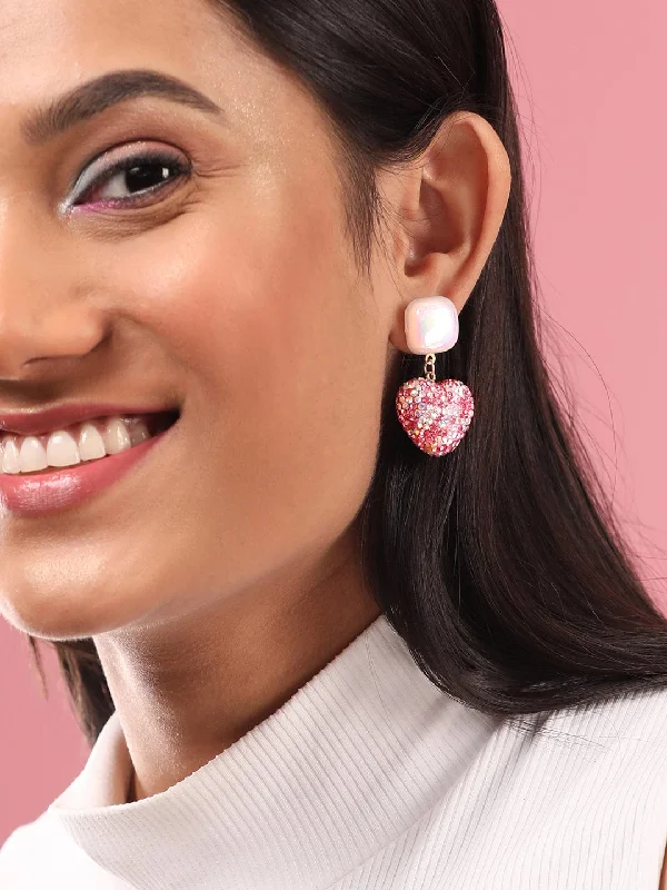 Jewelry Clearance Event – Stock Up Before It's Over Rubans Voguish Pearl & Pink Crystal Pave Studded Heart Motif Dangle Earring