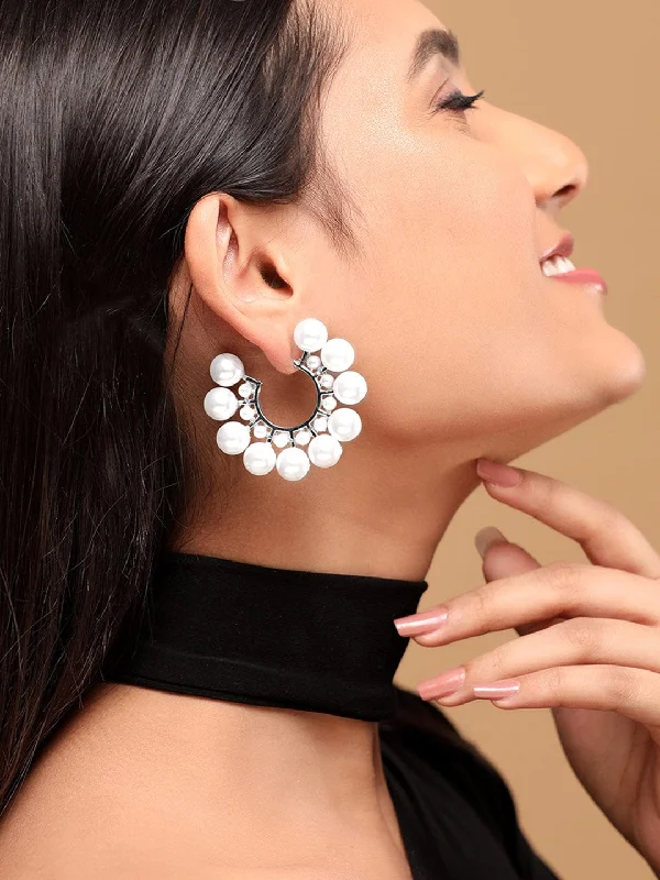 Elevate Your Jewelry Collection With Limited-Time Savings Rubans Voguish Silver Toned White Pearls Studded Hoop Earring