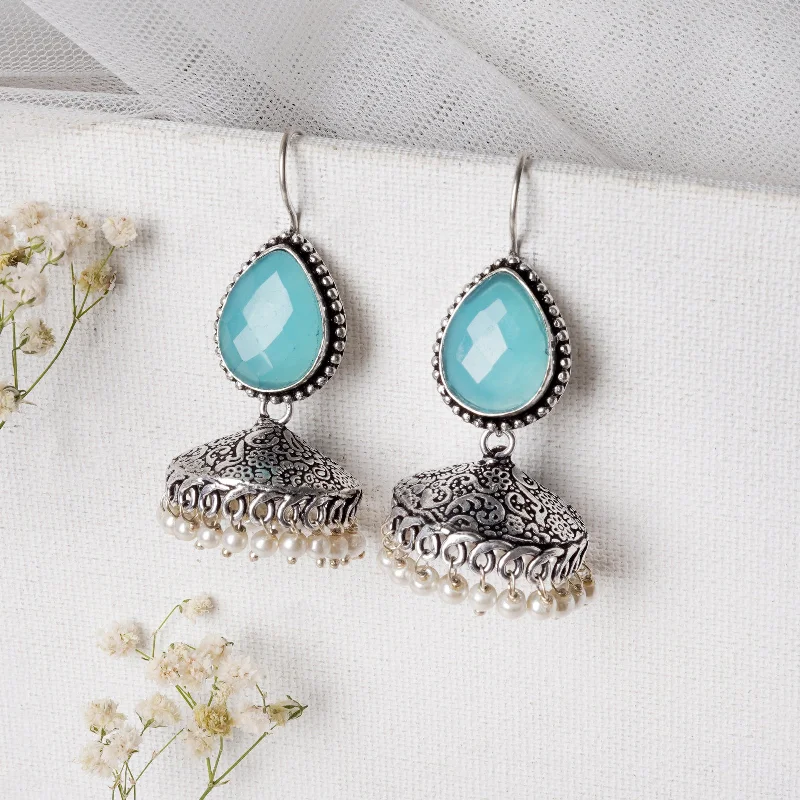 Special Offers On Handcrafted And Designer Jewelry Teejh Sahasra Light Blue Stone Silver Oxidised Earrings