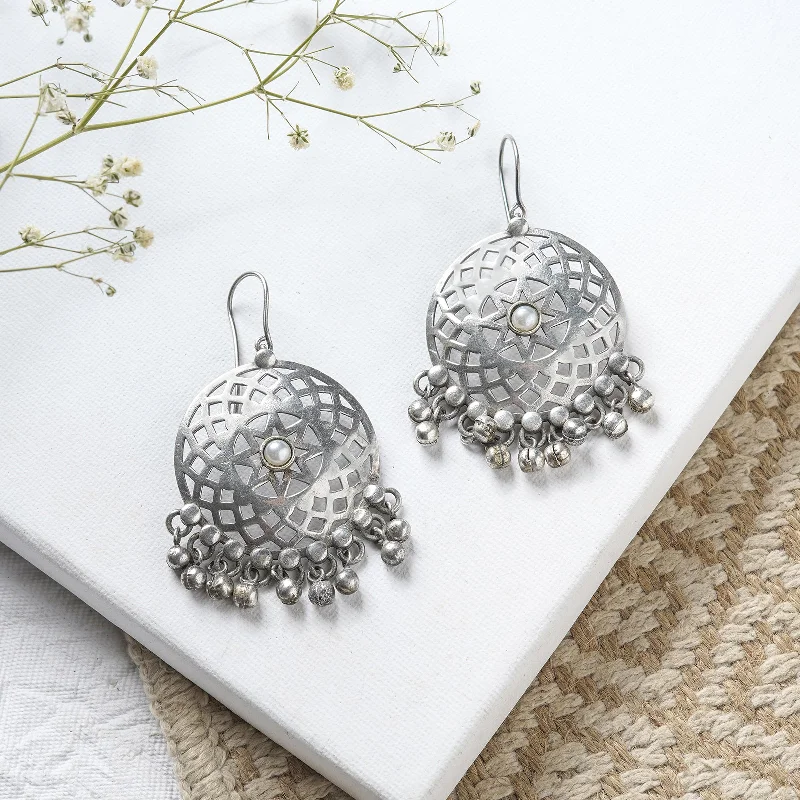 Dainty Floral Jewelry For Feminine Elegance Teejh Siranshi Pearl Silver Oxidised Ghungroo Earrings