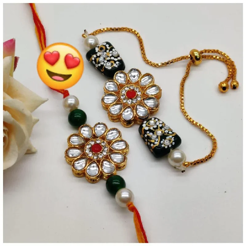 Chic, Trendy, And Affordable Jewelry Sale Shagna Gold Plated Kundan Stone Rakhi Combo