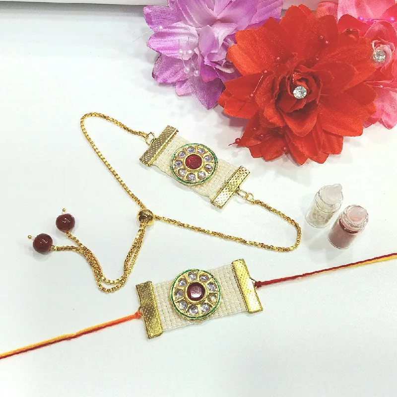 Dainty Floral Jewelry For Feminine Elegance Shree Jai Sai Art Gold Plated Kundan And Pearls Rakhi Combo Set