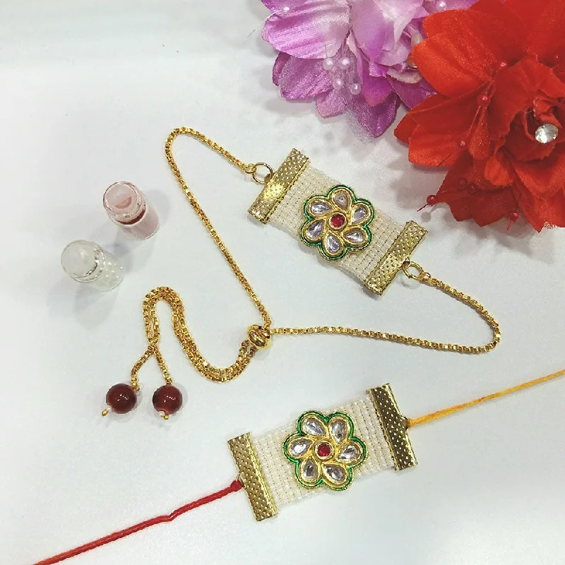 Versatile Layering Jewelry For Effortless Chic Shree Jai Sai Art Gold Plated Kundan And Pearls Rakhi Combo Set