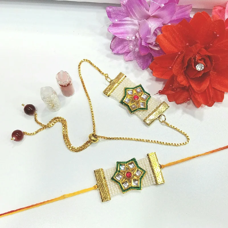 Modern Statement Jewelry For Bold Styling Shree Jai Sai Art Gold Plated Kundan And Pearls Rakhi Combo Set