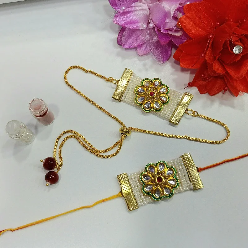 Personalized Engraved Jewelry For Meaningful Gifts Shree Jai Sai Art Gold Plated Kundan And Pearls Rakhi Combo Set