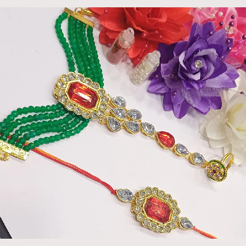 Delicate Crystal Jewelry For Sophisticated Charm Shree Jai Sai Art Gold Plated Kundan And Pearls Rakhi Combo Set