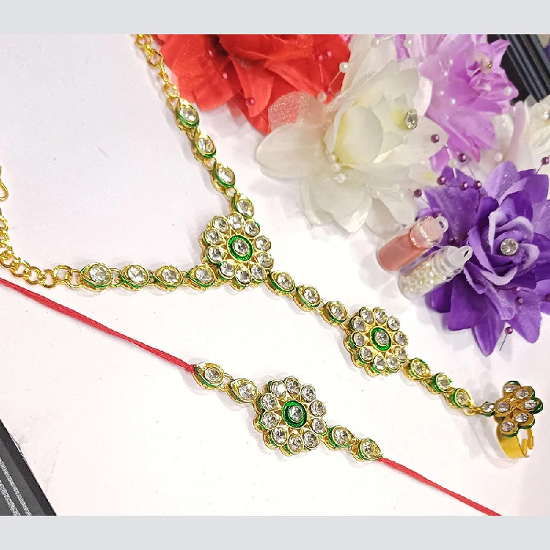 Handmade Pearl Jewelry For Timeless Elegance Shree Jai Sai Art Gold Plated Kundan And Pearls Rakhi Combo Set