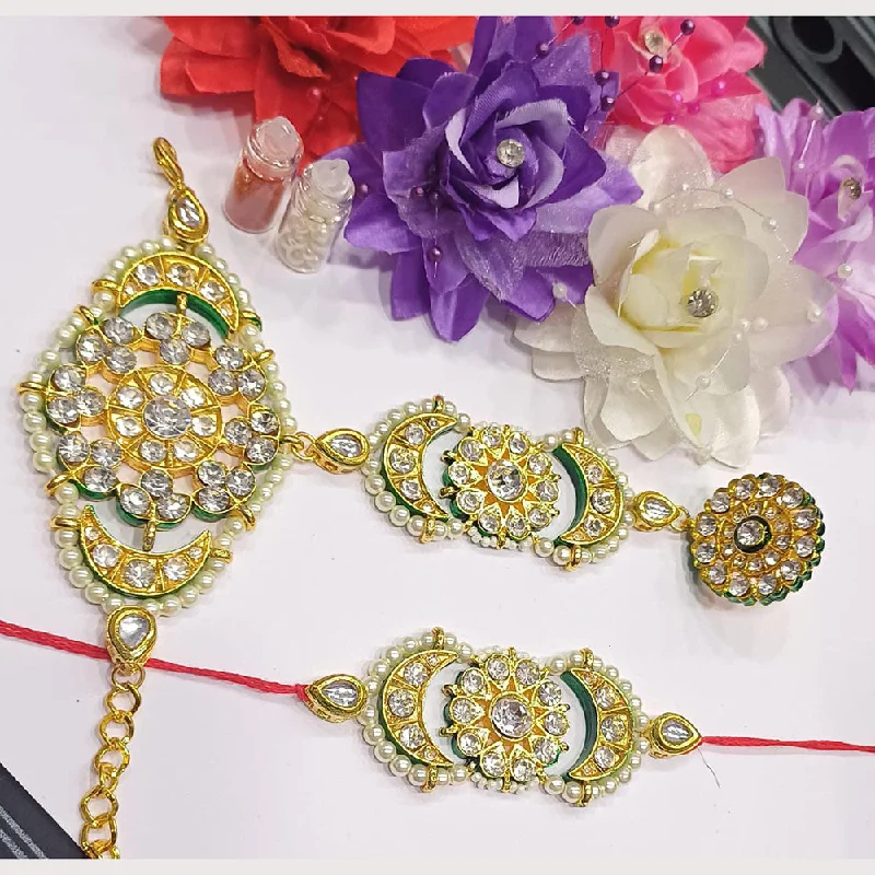 Customized Silver Jewelry For Unique Style Shree Jai Sai Art Gold Plated Kundan And Pearls Rakhi Combo Set