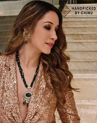 Jewelry Clearance – Final Chance To Save Big Rhodium-Plated AD Studded  Green Color Stone-Beaded Long Jewellery Set