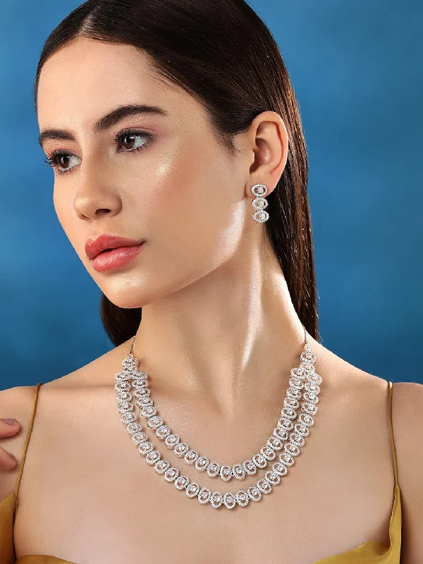 Your Perfect Accessory Now At The Best Price Rubans Rhodium Plated Premium White Round Zircons Studded Classy Double Layer Statement Jewellery Set.