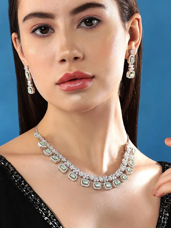 Final Call For Exquisite Jewelry At Reduced Rates Rubans Rhodium-Plated Premium White & Mint Green Zircons Studded Patterned Statement Party Wear Jewellery Set