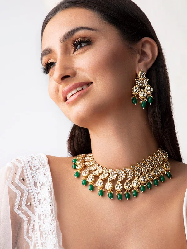 Fashion-Forward Jewelry At Incredible Prices Rubans 22K Gold Plated Kundan Necklace Set With And Green Beads