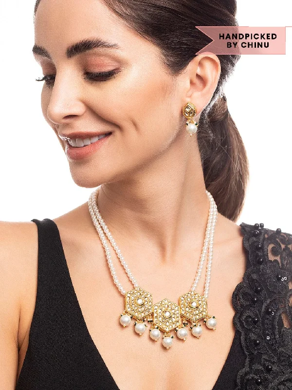 Bestselling Jewelry At Special Promotional Rates Rubans 22K Gold Plated Pendant Kundan Necklace Set With Pearls