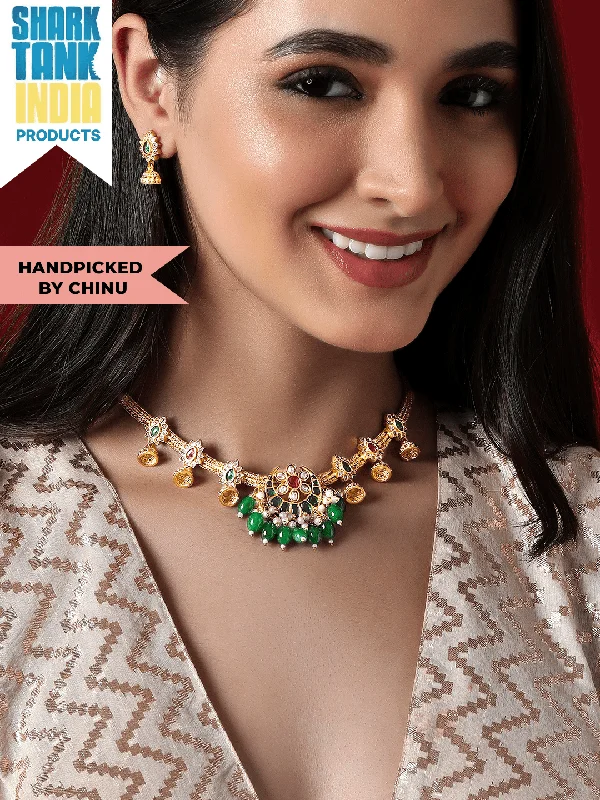 Elevate Your Outfit With Discounted Statement Jewelry 24K Gold Plated Green & Pink Artificial Stones & Beads-Studded Jewellery Set