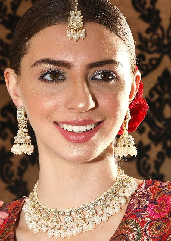 Exclusive Jewelry Markdowns – Limited-Time Offer Rubans 24K Gold Plated Kundan Studded Pearl Beaded Jumkhas & Necklace Set