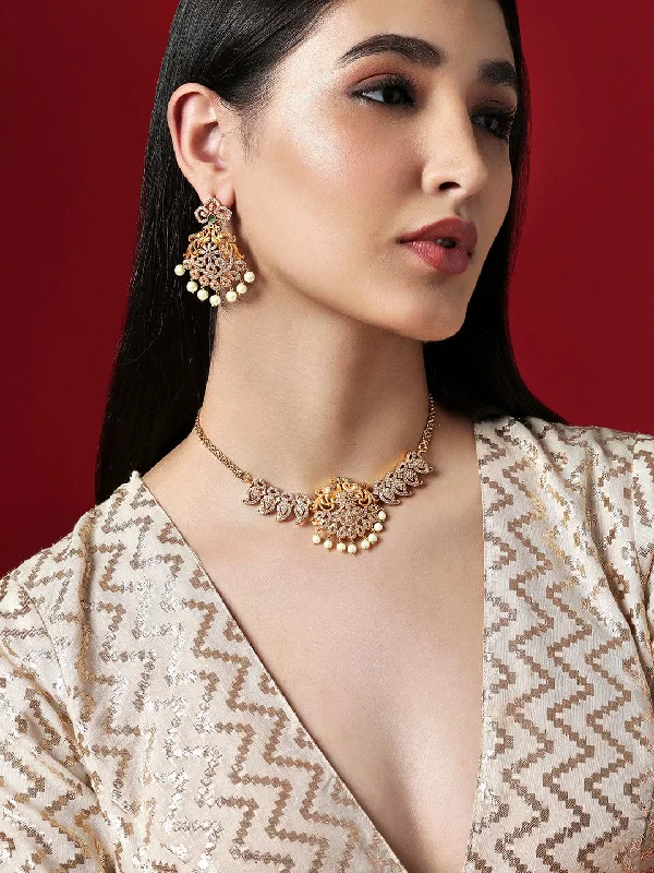 Exclusive Jewelry Markdowns – Limited-Time Offer 24K Gold-Plated Peacock Design AD-Studded Pearl Jewellery Set