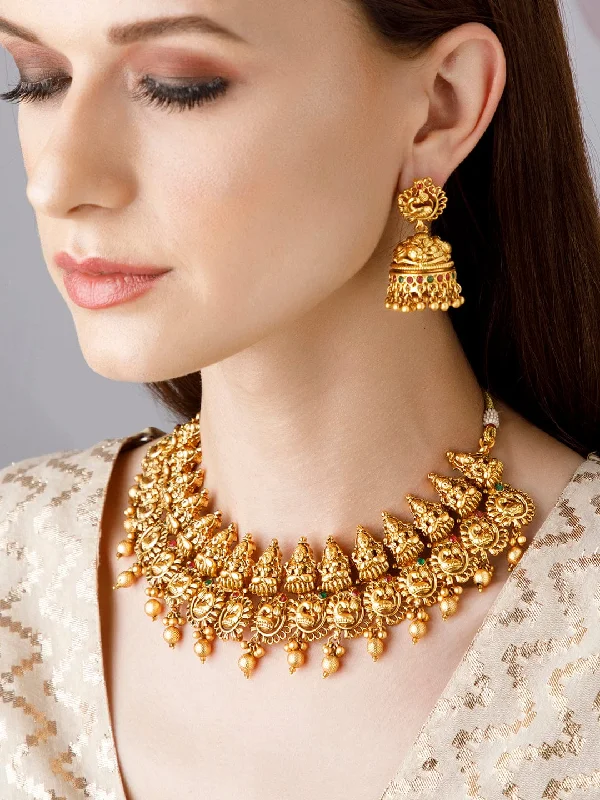 Elegant Designs, Unbeatable Discounts – Shop Jewelry Now Rubans 24K Gold Plated Temple Necklace Set With Goddess Motifs.